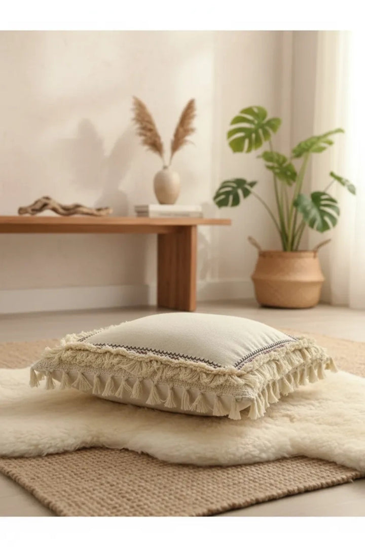 Dört Kenar Püsküllü Keten Krem Kırlent Kırlent Kılıfı43x43][