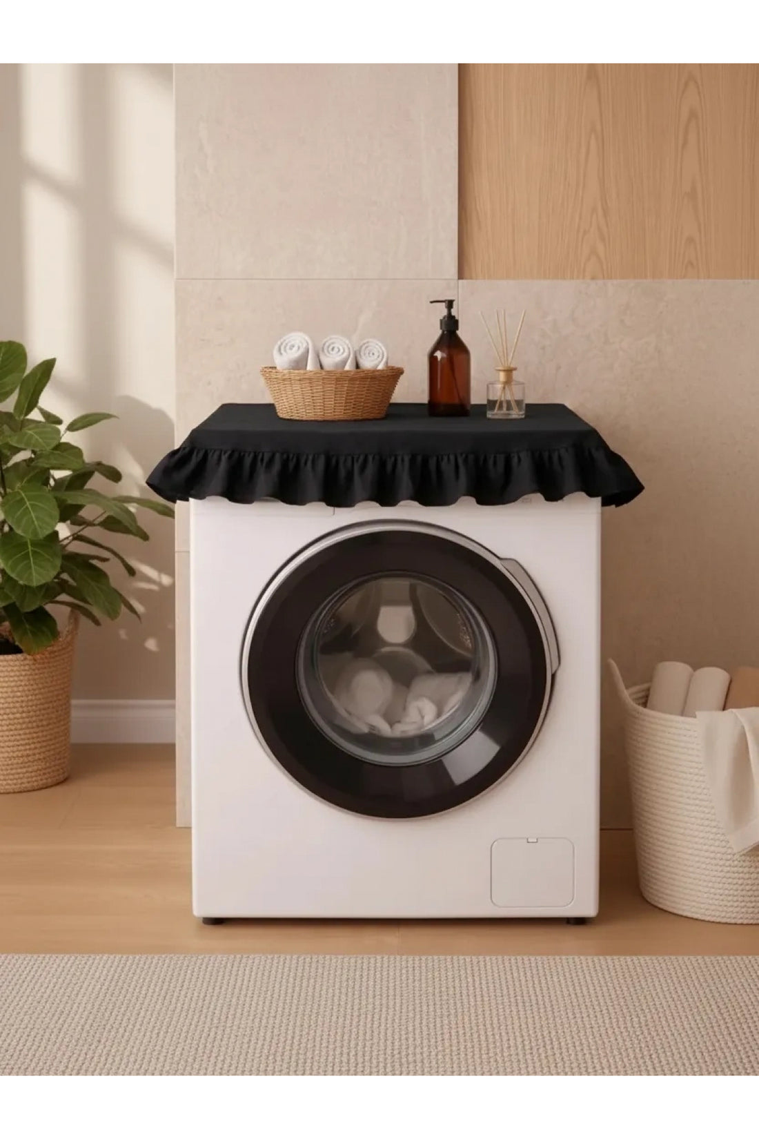 NDC HOME Fırfırlı Çamaşır Makinesi Örtüsü - Çeyizlik Dekoratif Banyo Makine Kılıfı- Siyah