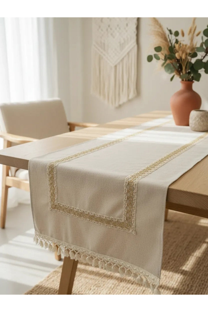 Keten Bej Renk Jüt Dantel Ponponlu Runner 50 X 150