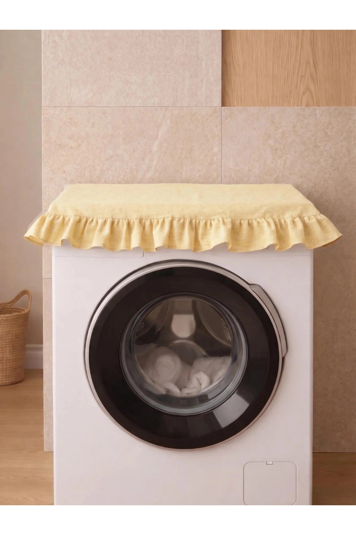 NDC HOME Fırfırlı Çamaşır Makinesi Örtüsü - Çeyizlik Dekoratif Banyo Makine Kılıfı- Sarı