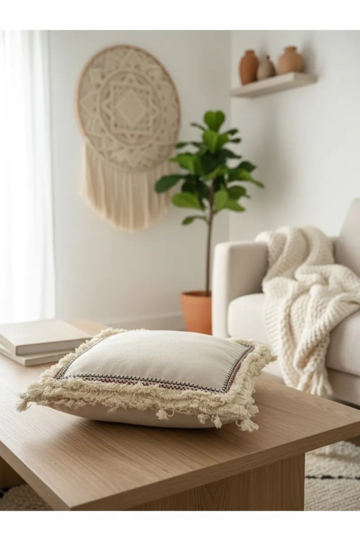 Dört Kenar Püsküllü Keten Krem Kırlent Kırlent Kılıfı43x43][