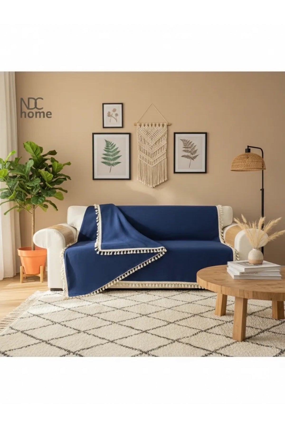 Premium Keten Lacivert Ponponlu Koltuk Örtüsü ()