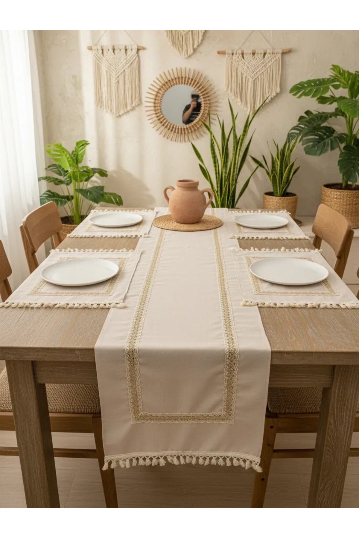 Keten Bej Renk Jüt Dantel Ponponlu Runner 50 X 150