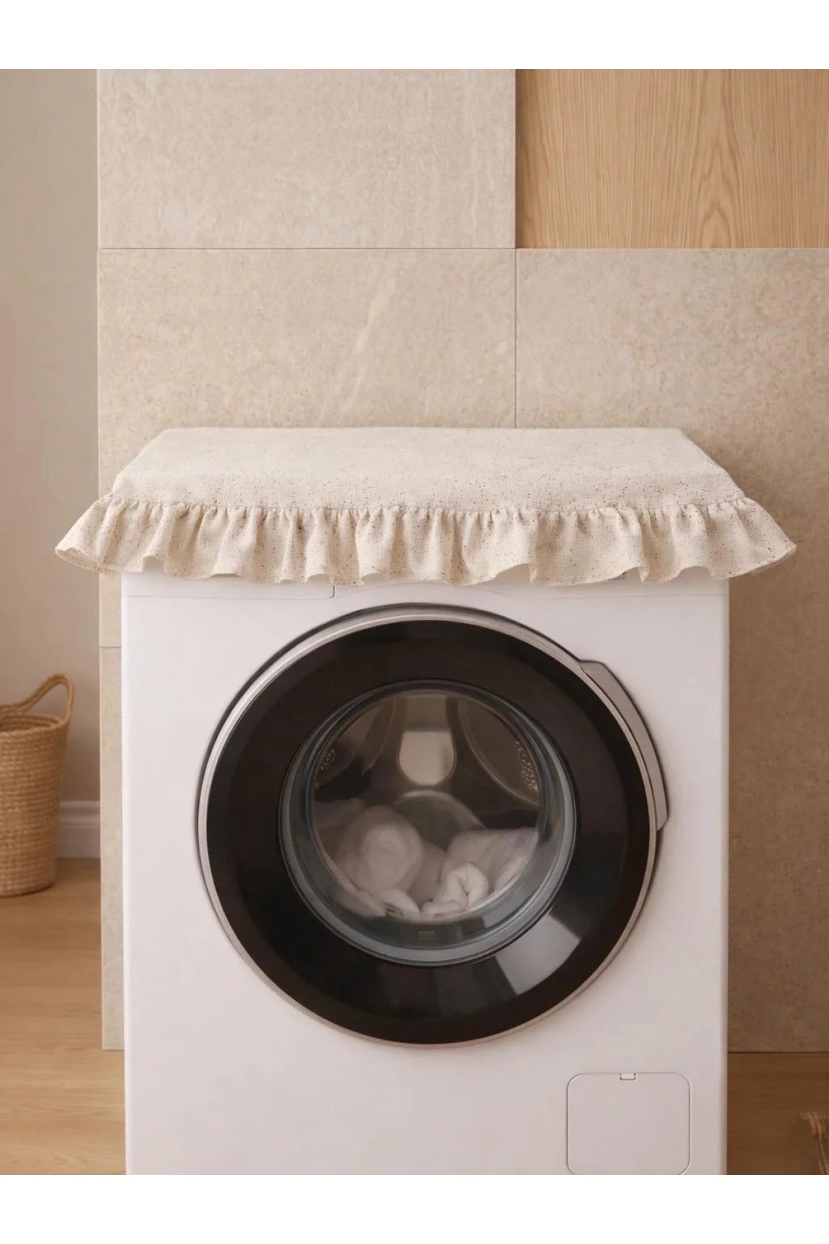 NDC HOME Fırfırlı Çamaşır Makinesi Örtüsü - Çeyizlik Dekoratif Banyo Makine Kılıfı- Krem