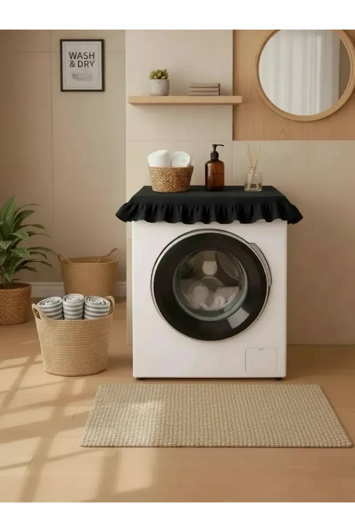 NDC HOME Fırfırlı Çamaşır Makinesi Örtüsü - Çeyizlik Dekoratif Banyo Makine Kılıfı- Siyah